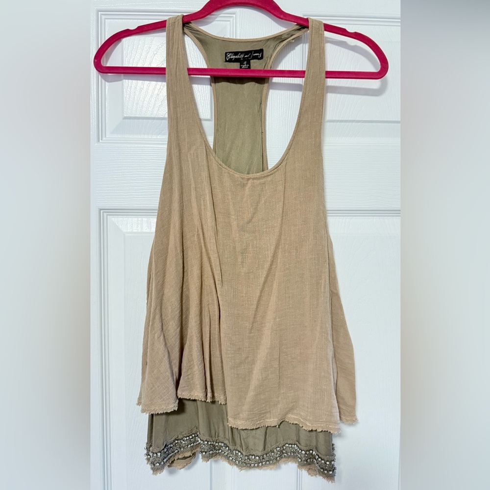 Elizabeth and James Crystal Embellished Tank Top in Tan Brown
